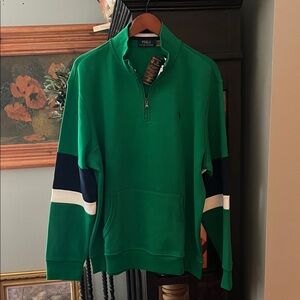 Ralph Lauren Men's Green and Navy Zip-Up Sweater